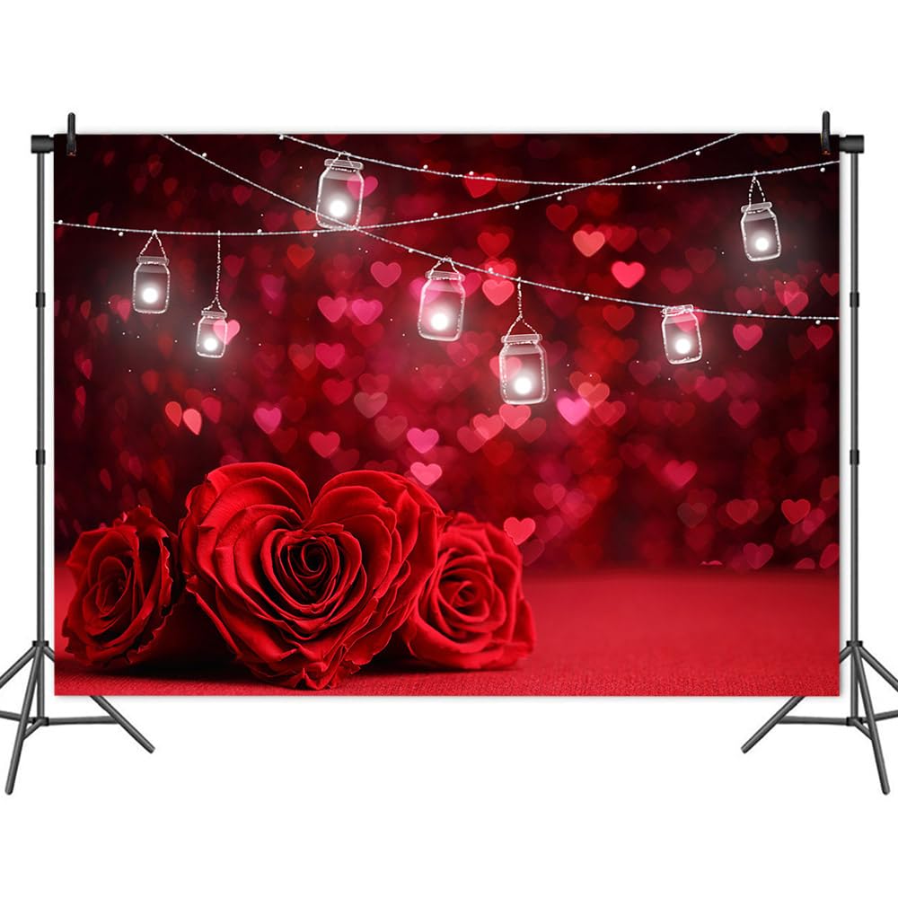 MAQTT 7 x 5 FT Red Love Heart Rose Bokeh Glitter Photo Backdrop Valentine's Day Mother's Day Wedding Bride Shower Party Photography Background Girl Birthday Decoration Supplies