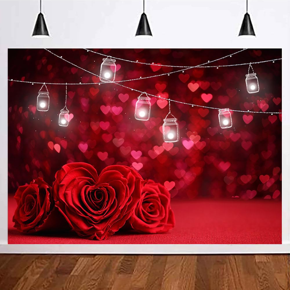 MAQTT 7 x 5 FT Red Love Heart Rose Bokeh Glitter Photo Backdrop Valentine's Day Mother's Day Wedding Bride Shower Party Photography Background Girl Birthday Decoration Supplies