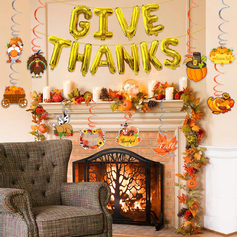 Give Thanks Banner, Thanksgiving Foil Balloons | Gold 16 Inches 3D Mylar Letter Balloons Hanging Fall Decorations Fhoto Backdrop for Thanksgiving Party - Fall Harvest Decor for Home Office Indoor