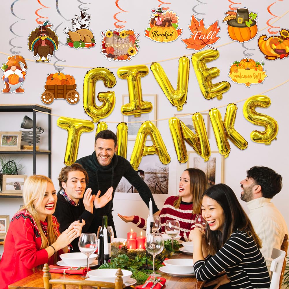 Give Thanks Banner, Thanksgiving Foil Balloons | Gold 16 Inches 3D Mylar Letter Balloons Hanging Fall Decorations Fhoto Backdrop for Thanksgiving Party - Fall Harvest Decor for Home Office Indoor