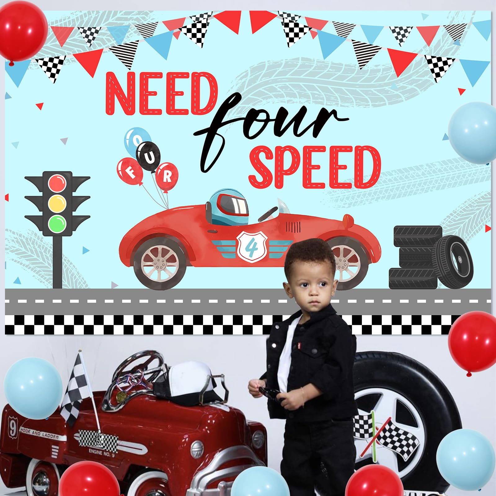 Wonmelody Race Car 4th Birthday Party Backdrop Need Four Speed Backdrop Banner Race Car 4th Birthday Decorations Red Blue Race Car Vintage Photography Background Photo Banner Supplies for 4th Boys