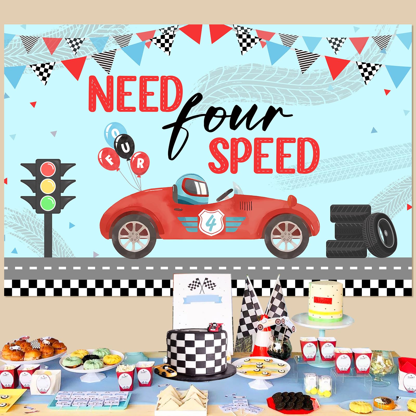 Wonmelody Race Car 4th Birthday Party Backdrop Need Four Speed Backdrop Banner Race Car 4th Birthday Decorations Red Blue Race Car Vintage Photography Background Photo Banner Supplies for 4th Boys