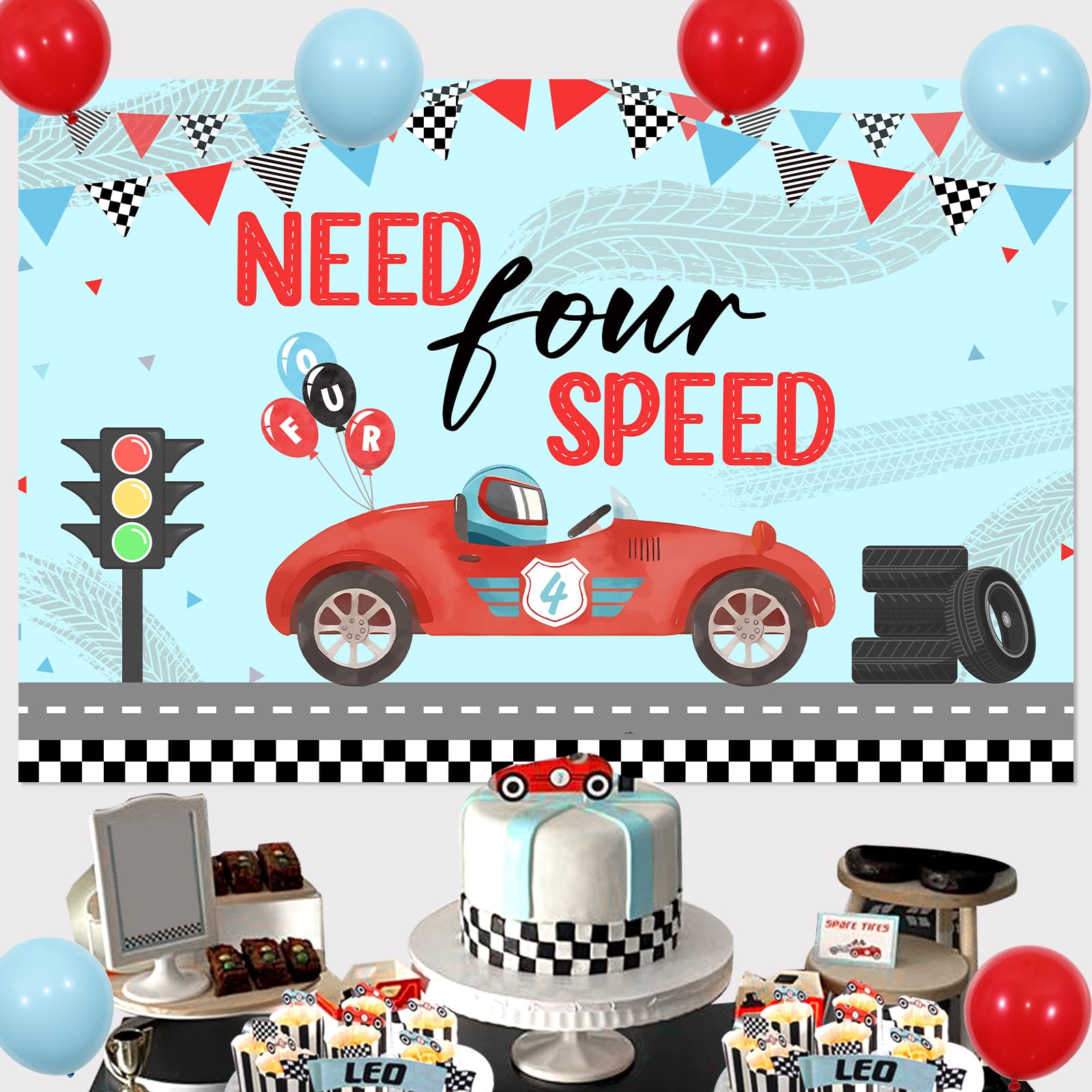 Wonmelody Race Car 4th Birthday Party Backdrop Need Four Speed Backdrop Banner Race Car 4th Birthday Decorations Red Blue Race Car Vintage Photography Background Photo Banner Supplies for 4th Boys