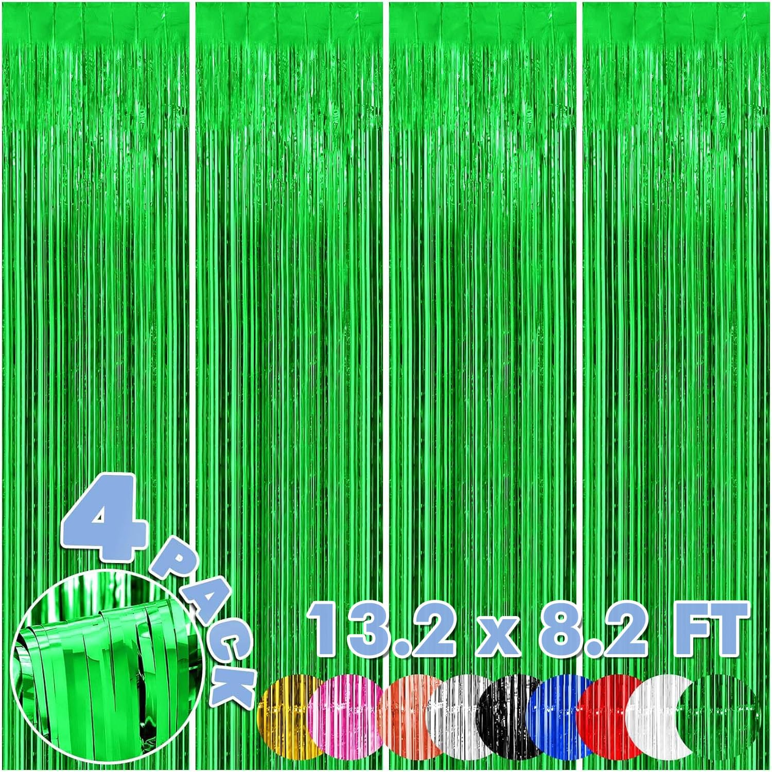 4-Pack Backdrop for Party Decorations, Foil Fringe Backdrop Curtains, Tinsel Streamers for Birthday Party Decorations, Green Backdrop Curtains for Girl Christmas Unicorn New Year Princess Parties