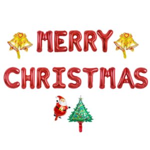 Merry Christmas With Santa Claus Christmas Tree Bells Balloons, Red Aluminum Foil Christmas Party Sign, Xmas/Xmas Eve Party Decorations Supplies Backdrops