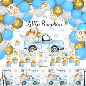 little pumpkin baby shower decorations for boy, a sweet little pumpkin is on the way blue backdrop balloon garland kit for fall autumn thanksgiving baby shower background party supplies