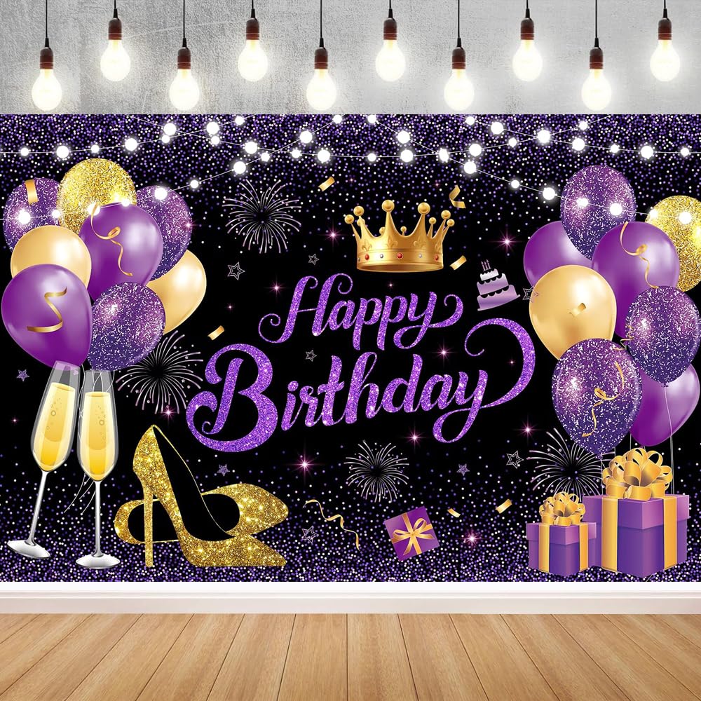 YinQin 180x120 cm Black Purple Gold Happy Birthday Party Backdrops Cloth 71x47 in. Birthday Celebration Photography Backgrounds Glitter Purple Gold Happy Birthday Sign Decoration Banner for Women Girl