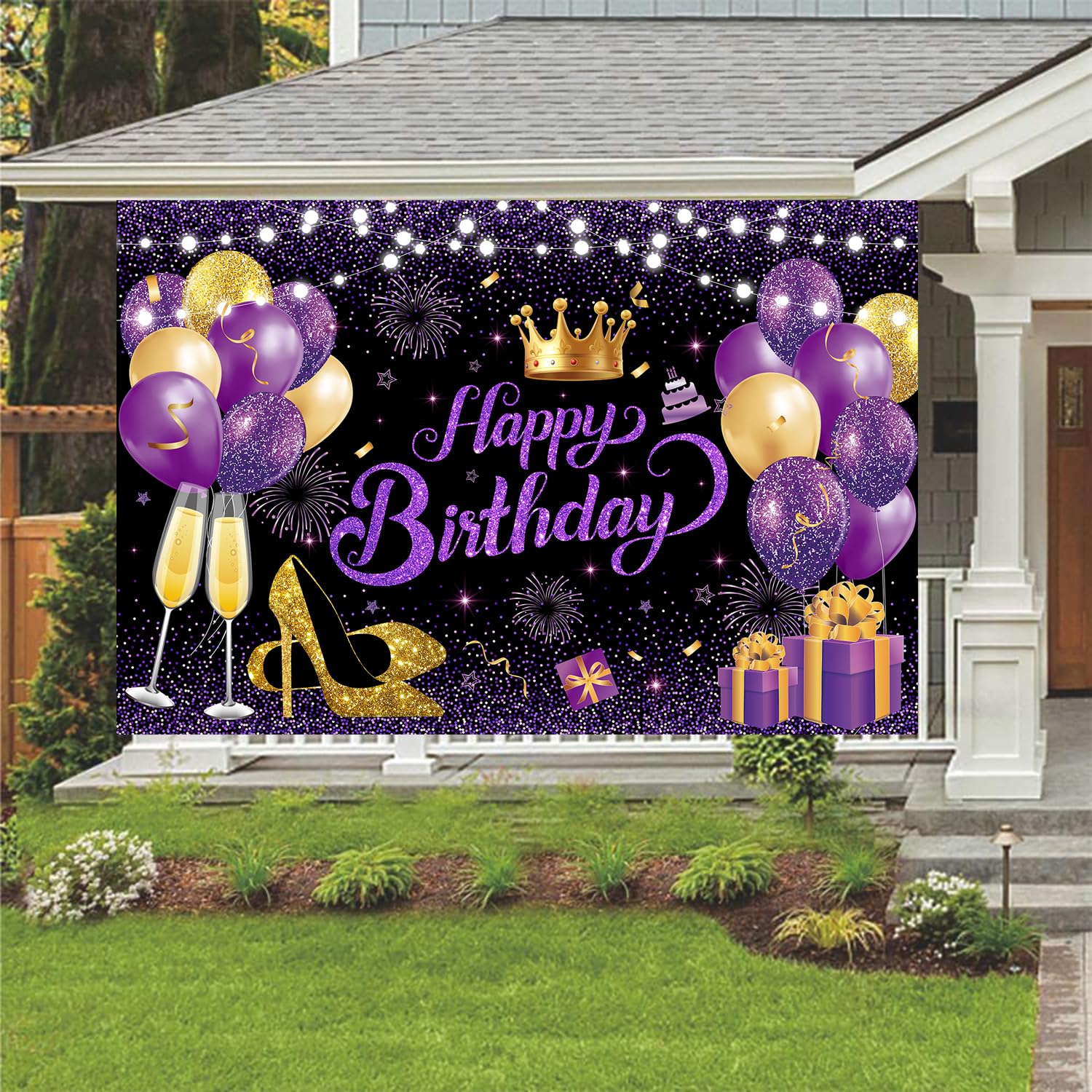 YinQin 180x120 cm Black Purple Gold Happy Birthday Party Backdrops Cloth 71x47 in. Birthday Celebration Photography Backgrounds Glitter Purple Gold Happy Birthday Sign Decoration Banner for Women Girl