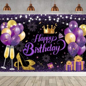 YinQin 180x120 cm Black Purple Gold Happy Birthday Party Backdrops Cloth 71x47 in. Birthday Celebration Photography Backgrounds Glitter Purple Gold Happy Birthday Sign Decoration Banner for Women Girl