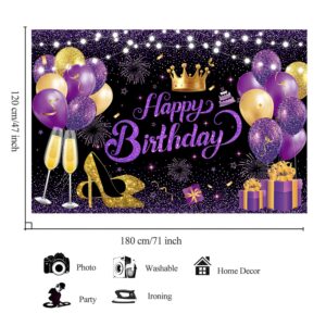 YinQin 180x120 cm Black Purple Gold Happy Birthday Party Backdrops Cloth 71x47 in. Birthday Celebration Photography Backgrounds Glitter Purple Gold Happy Birthday Sign Decoration Banner for Women Girl