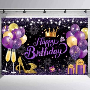 YinQin 180x120 cm Black Purple Gold Happy Birthday Party Backdrops Cloth 71x47 in. Birthday Celebration Photography Backgrounds Glitter Purple Gold Happy Birthday Sign Decoration Banner for Women Girl