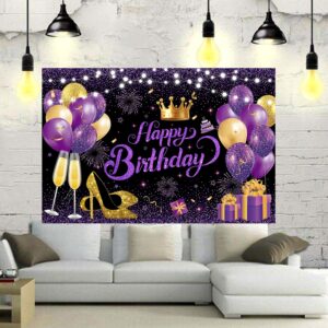 YinQin 180x120 cm Black Purple Gold Happy Birthday Party Backdrops Cloth 71x47 in. Birthday Celebration Photography Backgrounds Glitter Purple Gold Happy Birthday Sign Decoration Banner for Women Girl