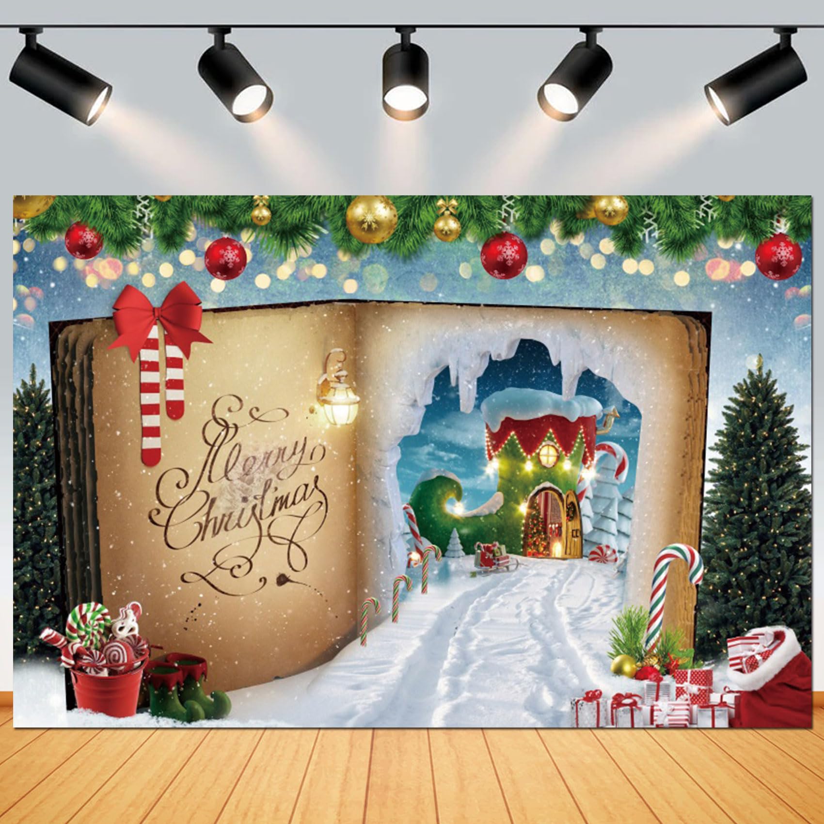 Yeele 7x5ft Merry Christmas Fairy Book Backdrop Winter Wonderland Santa Claus Candy Canes House Photography Background Children Kids Xmas Party Decoration Banner Photo Booth Props