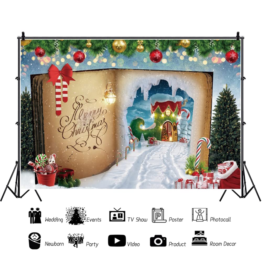 Yeele 7x5ft Merry Christmas Fairy Book Backdrop Winter Wonderland Santa Claus Candy Canes House Photography Background Children Kids Xmas Party Decoration Banner Photo Booth Props