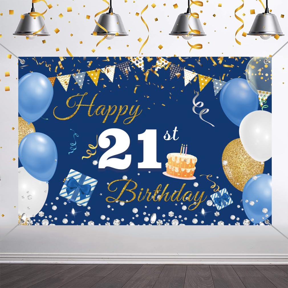 21st Birthday Decorations Happy 21st Birthday Backdrop Banner for Men/Women Happy 21 Years Old Fabric Sign Poster, Blue Photography Background 21st Birthday Party Supplies, 59"x35.4"