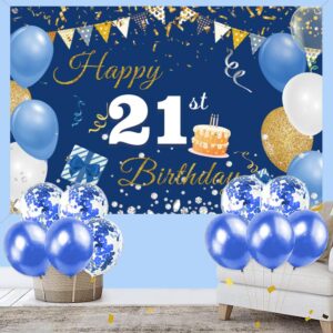 21st Birthday Decorations Happy 21st Birthday Backdrop Banner for Men/Women Happy 21 Years Old Fabric Sign Poster, Blue Photography Background 21st Birthday Party Supplies, 59"x35.4"