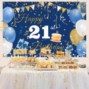 21st Birthday Decorations Happy 21st Birthday Backdrop Banner for Men/Women Happy 21 Years Old Fabric Sign Poster, Blue Photography Background 21st Birthday Party Supplies, 59"x35.4"