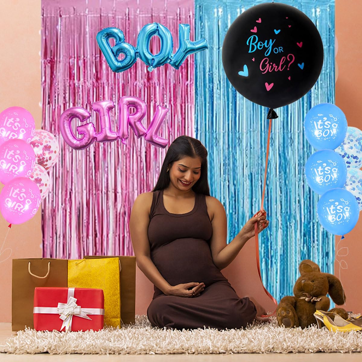 Wiletasz Boy Or Girl Gender Reveal Decorations, Baby Gender Reveal Decorations Pink And Blue Balloons With Fringe Curtains Reveal Balloon For Gender Reveal Party Photo Backdrop