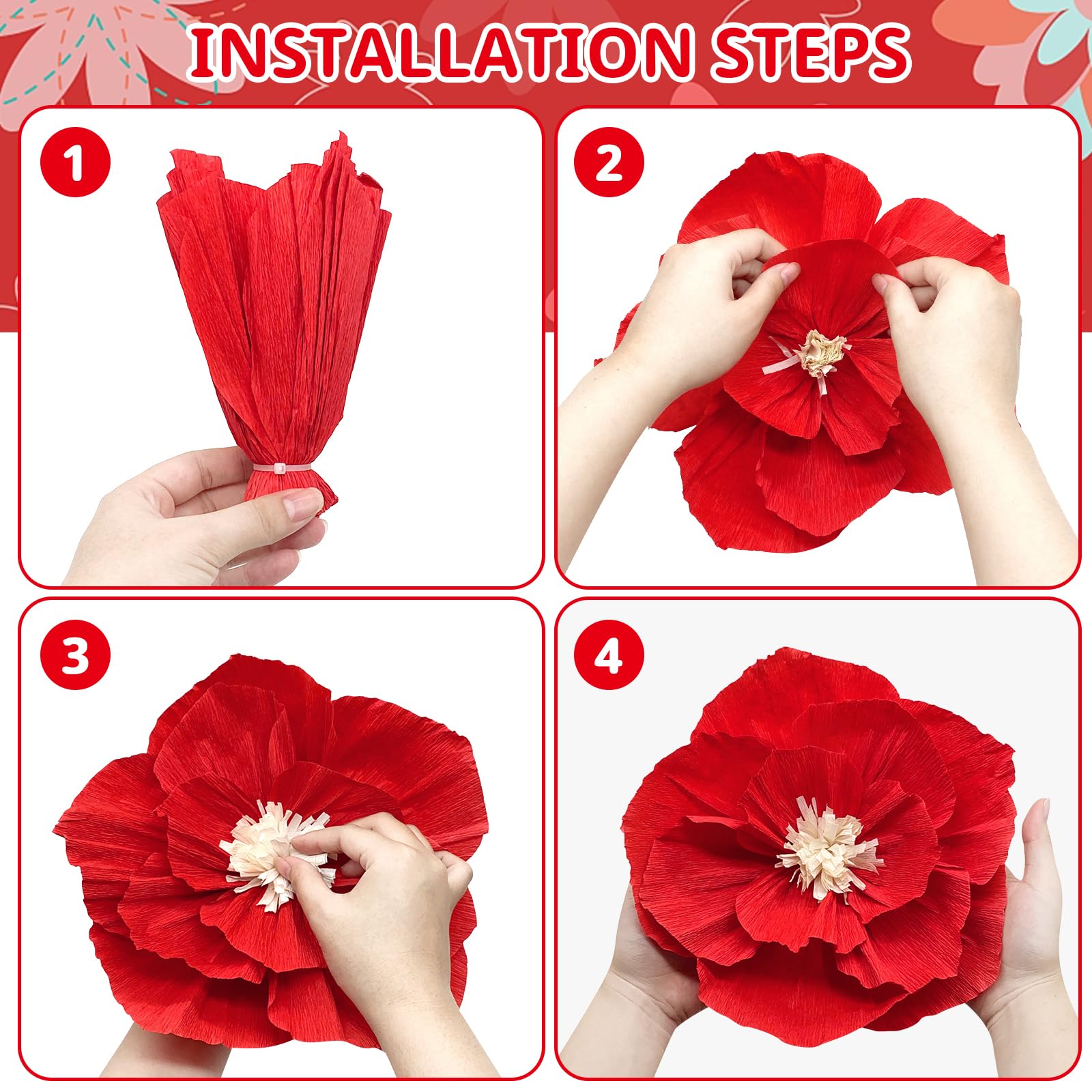 Rose Tissue Paper Flowers Thickened Crepe Paper Flower Decorations for Wall, Flowers for Parties, Backdrops and Classroom Walls, 10", 6 Pieces