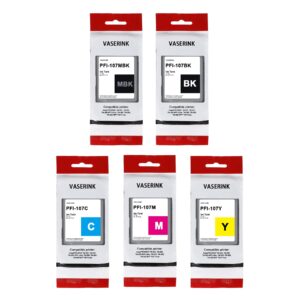 PFI-107 130-ml Full Color Ink Tank Set(5-Pack,Matte Black/Black/Cyan/Magenta/Yellow) VASRINK Compatible PFI-107MBK PFI-107BK PFI-107C PFI-107M PFI-107Y Replacement for Canon iPF680 685 780 785 Printer