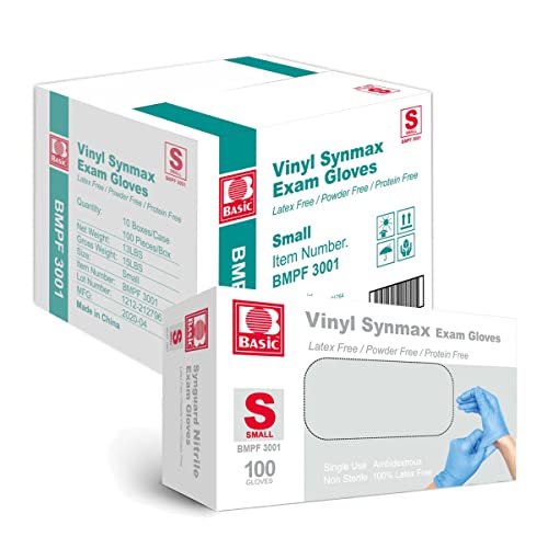 Basic Medical Synmax Vinyl Exam Gloves - Latex-Free & Powder-Free - Small, BMPF-3001(Small (Pack of 1000)),Blue