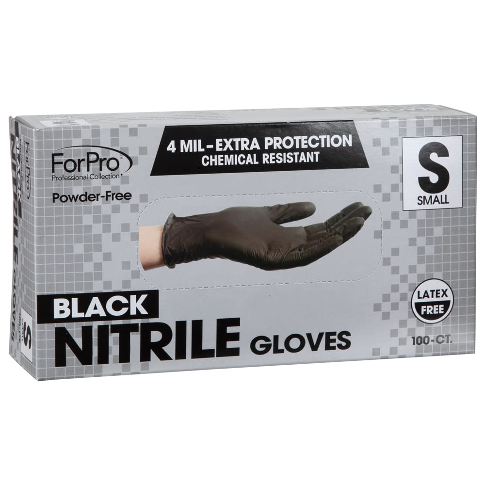 ForPro Professional Collection Disposable Nitrile Gloves, Chemical Resistant, Powder-Free, Latex-Free, Non-Sterile, Food Safe, 4 Mil, Black, Small, 100-Count