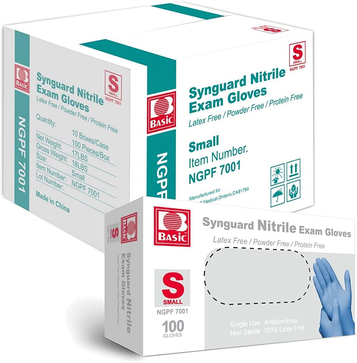 Basic Medical Blue Nitrile Exam Gloves - Latex-Free & Powder-Free - NGPF-7001(Case of 1,000), Small