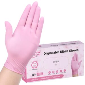 SwiftGrip Pink Disposable Exam Gloves, 3-mil, X-Small, 50-ct Box, Powder-Free, Latex-Free, Medical Grade Gloves for Cleaning & Esthetician