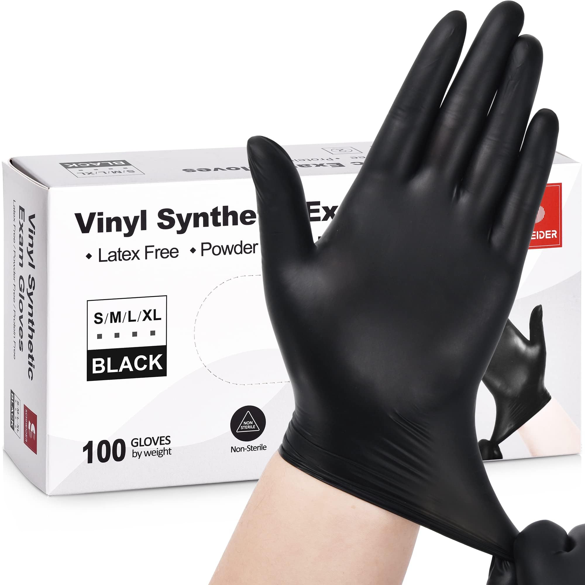 Schneider Black Vinyl Exam Disposable Gloves, 4mil, Latex-Free, Plastic Gloves for Medical, Cooking, Cleaning, and Food Prep, Surgical, Powder-Free, Non-Sterile, 100-ct Box (Small)