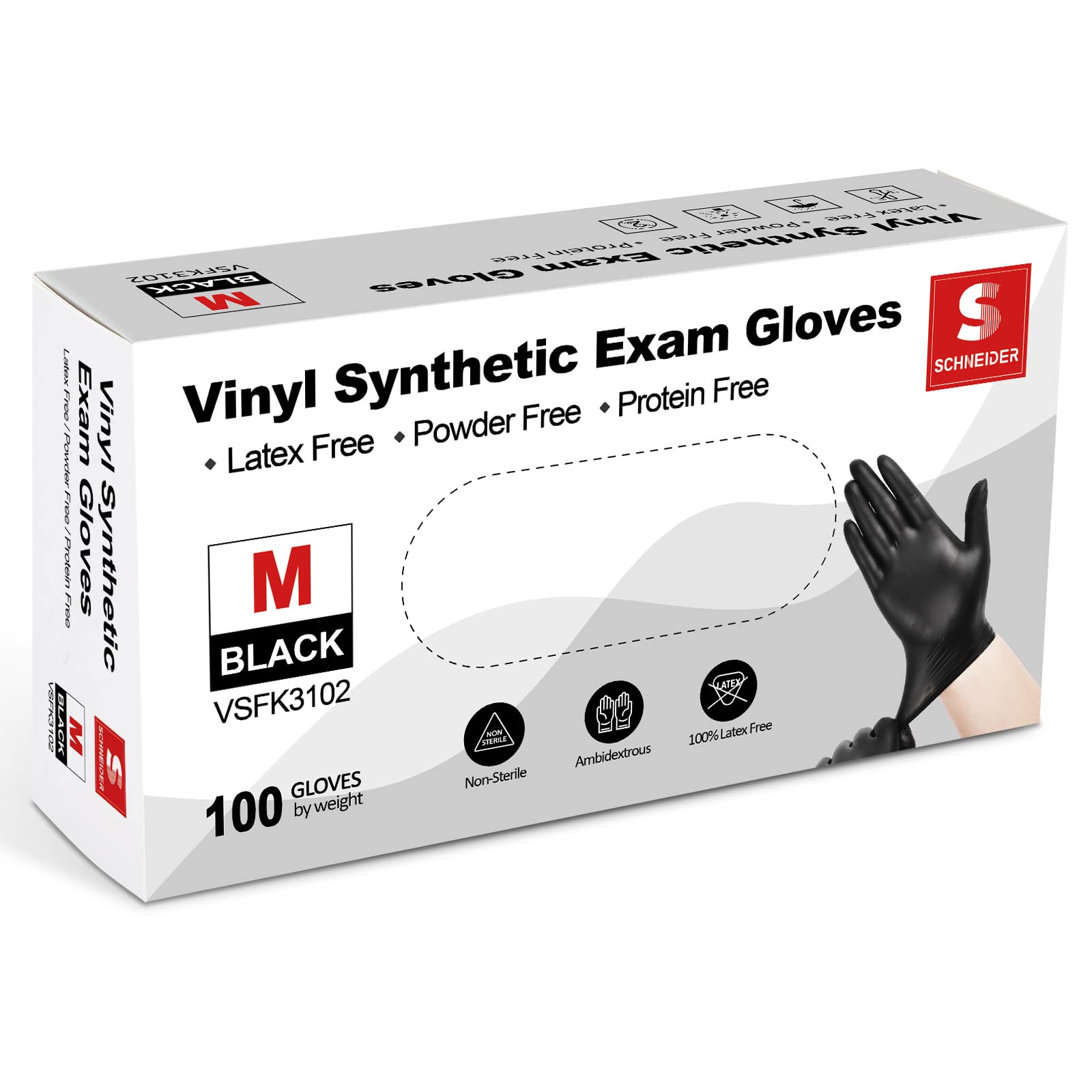 Schneider Black Vinyl Exam Disposable Gloves, 4mil, Latex-Free, Plastic Gloves for Medical, Cooking, Cleaning, and Food Prep, Surgical, Powder-Free, Non-Sterile, 100-ct Box (Small)