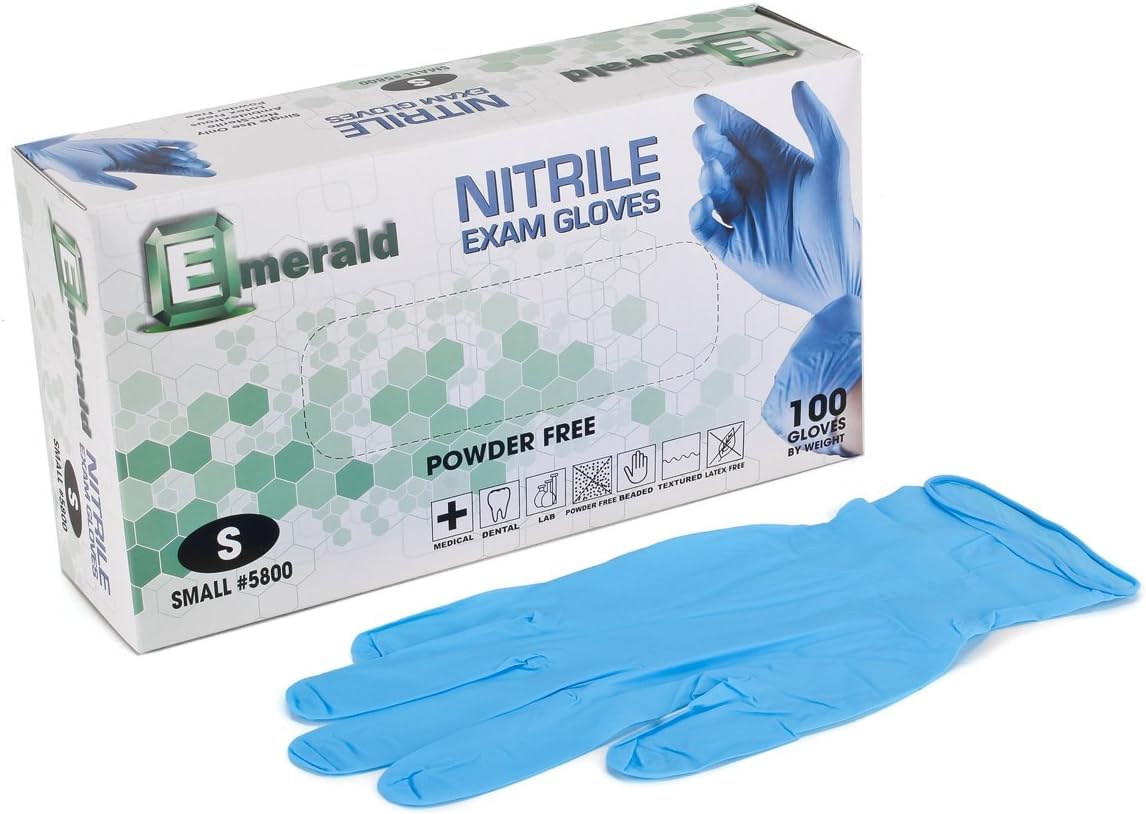 Emerald -100 Pack- Nitrile Medical Exam Gloves, Latex Free, Powder Free, Blue, Size: Small