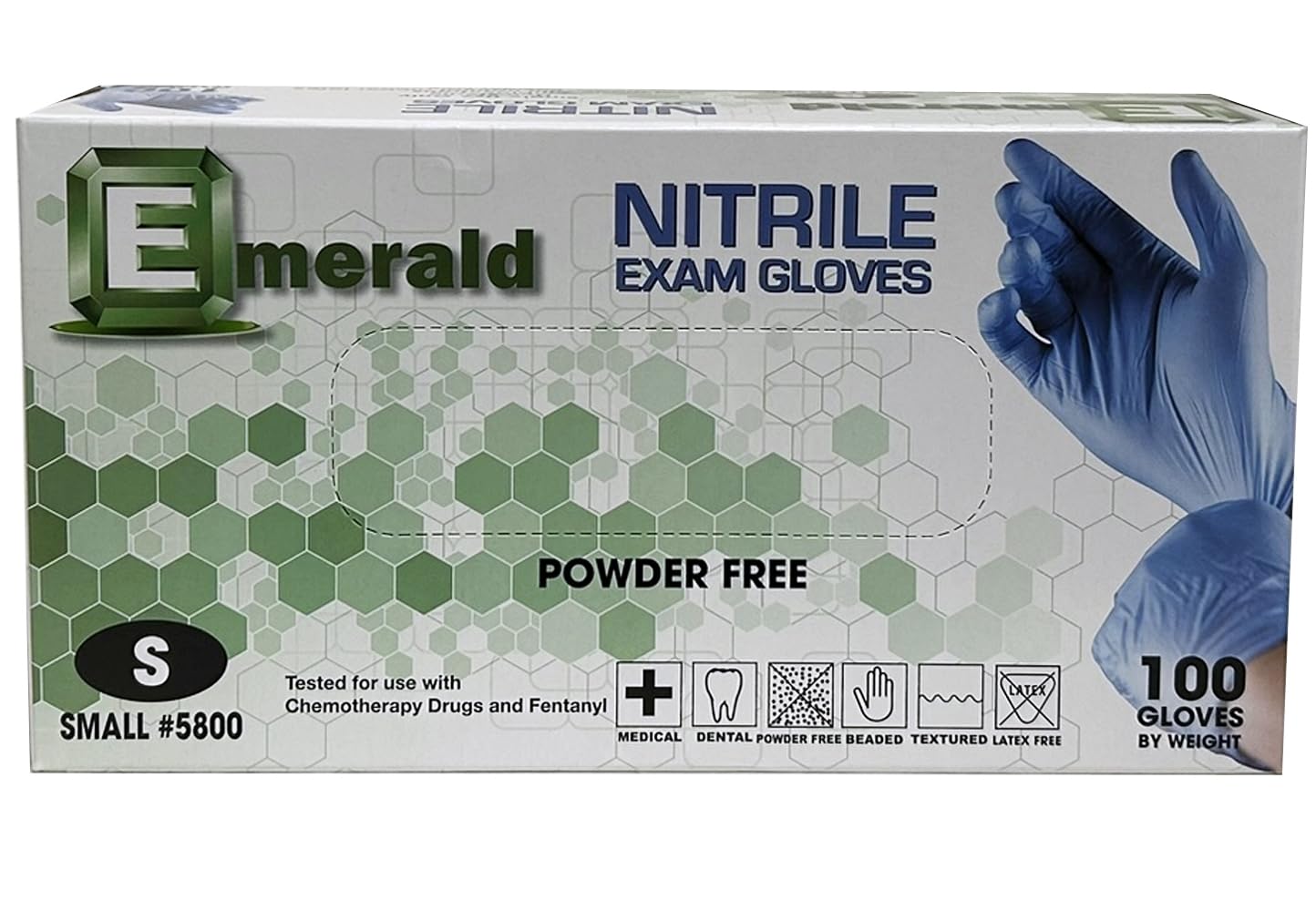 Emerald -100 Pack- Nitrile Medical Exam Gloves, Latex Free, Powder Free, Blue, Size: Small