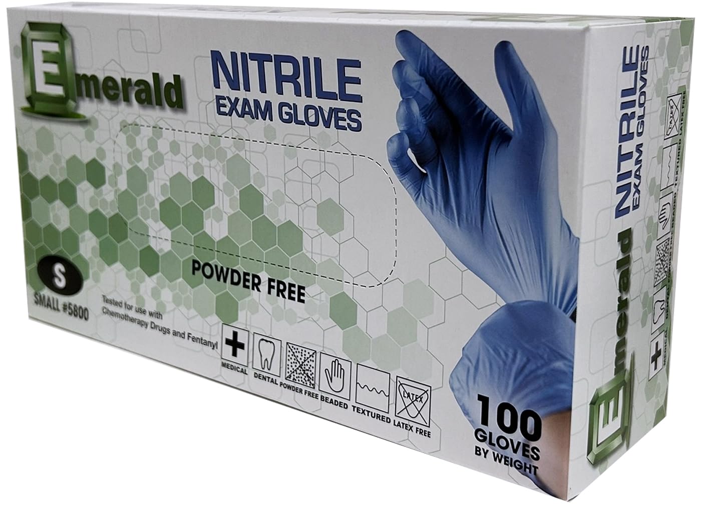 Emerald -100 Pack- Nitrile Medical Exam Gloves, Latex Free, Powder Free, Blue, Size: Small