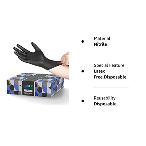 Hand-E Touch Black Nitrile Disposable Gloves Small, 100 Count - BBQ, Tattoo, Hair Dye, Cooking, Mechanic Gloves - Powder and Latex Free Gloves