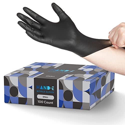 Hand-E Touch Black Nitrile Disposable Gloves Small, 100 Count - BBQ, Tattoo, Hair Dye, Cooking, Mechanic Gloves - Powder and Latex Free Gloves