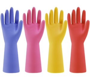 rubber kitchen dishwashing gloves - 4 pairs colorful reusable household cleaning gloves for washing dishes and cleaning tasks, flexible long-lasting and non-slip (medium, blue+pink+yellow+orange)