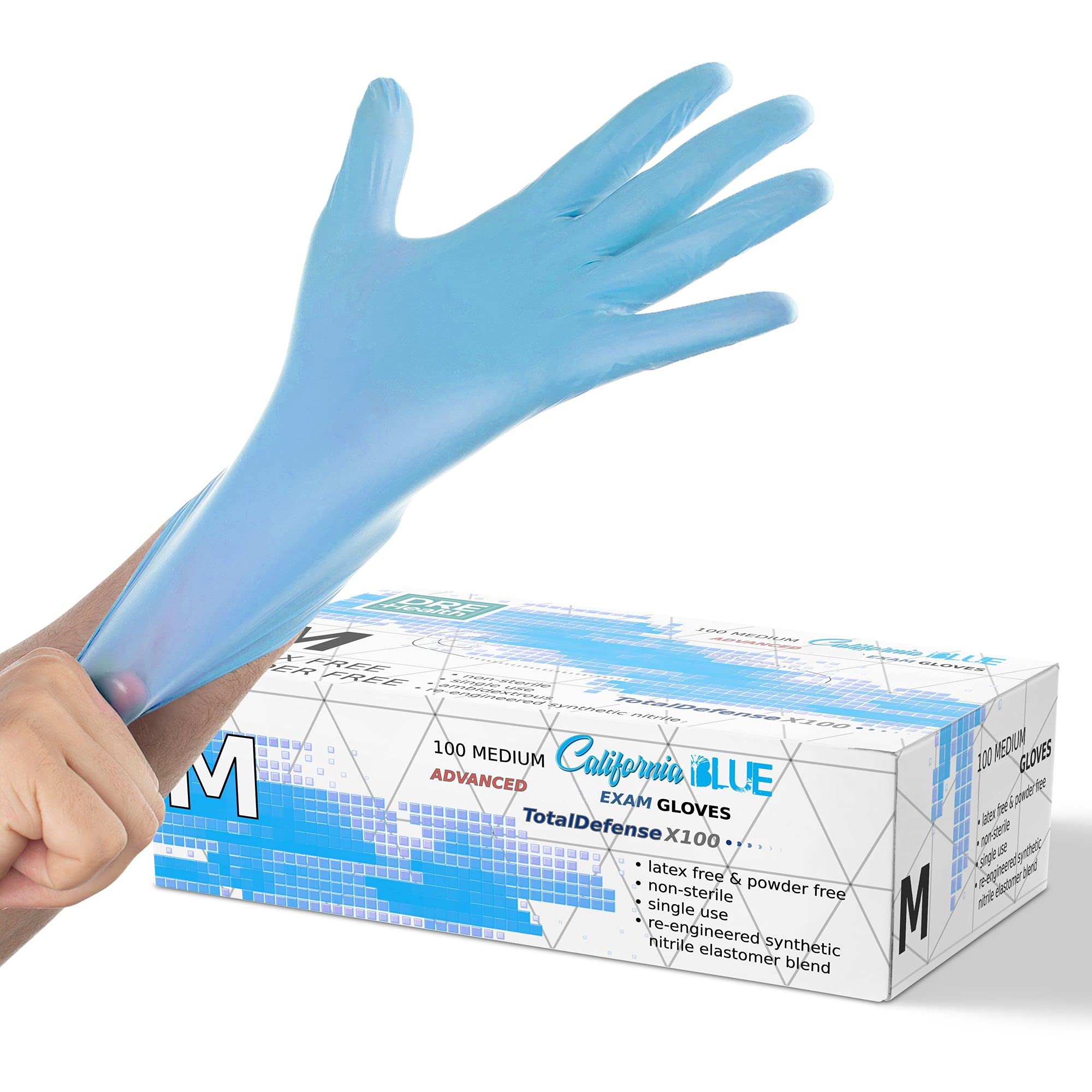 Dre Health Synthetic Nitrile Blue Disposable Gloves Medium -100 PK No Latex Medical Gloves