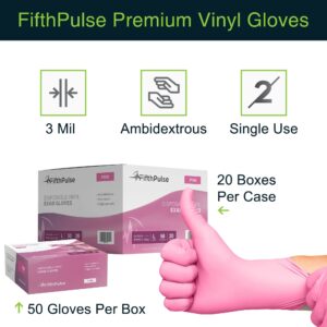 FifthPulse Pink Vinyl Disposable Gloves Small 50 Pack - Latex Free, Powder Free Medical Exam Gloves - Surgical, Home, Cleaning, and Food Gloves - 3 Mil Thickness