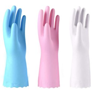 alimat plus 3 pack reusable cleaning gloves latex free, dishwashing gloves with cotton flock liner and embossed palm, waterproof household gloves for laundry, gardening (small)