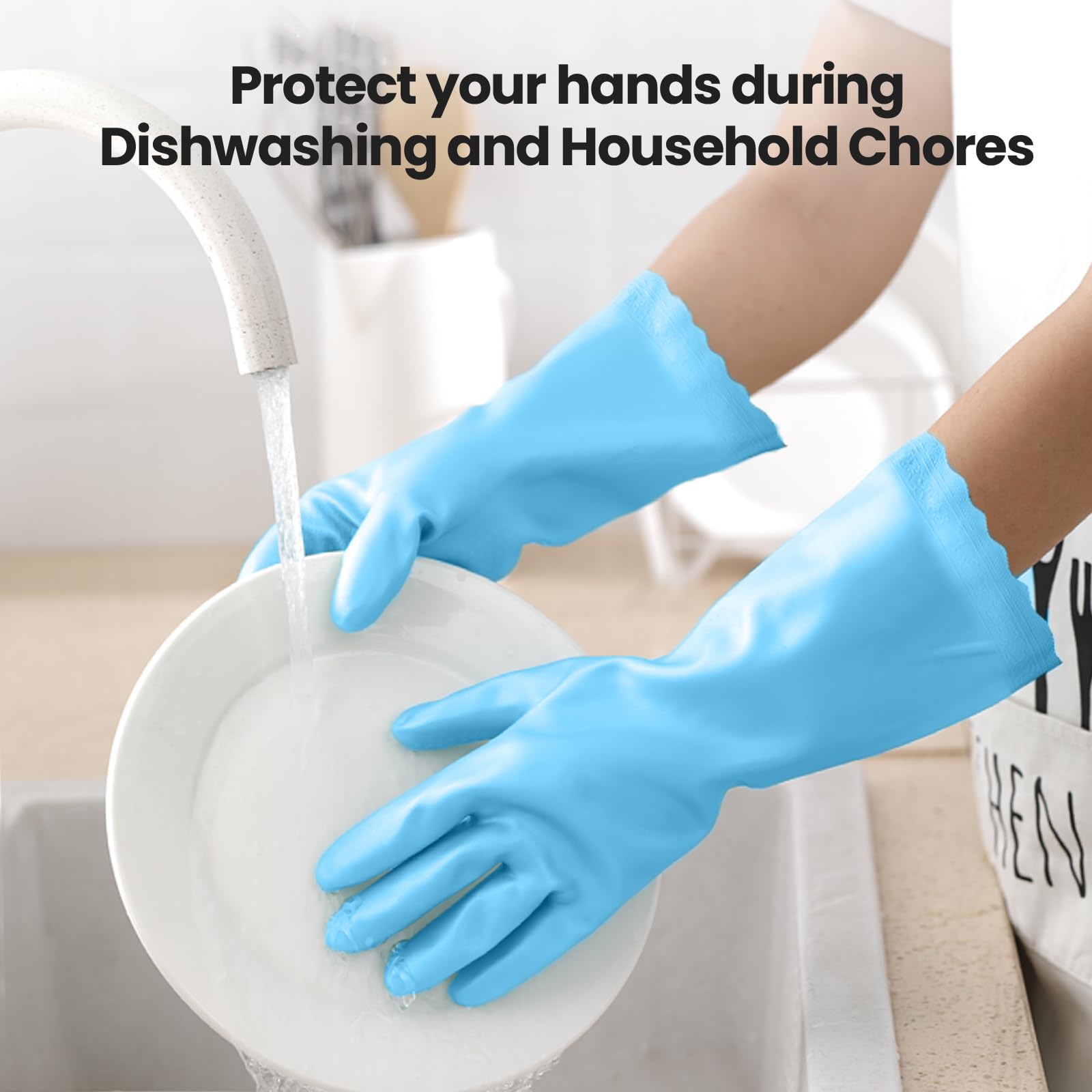 KAQ Rubber Kitchen Dishwashing Gloves: 4 Pairs Reusable Household Cleaning Glove for Washing Dishes with Cotton Liner