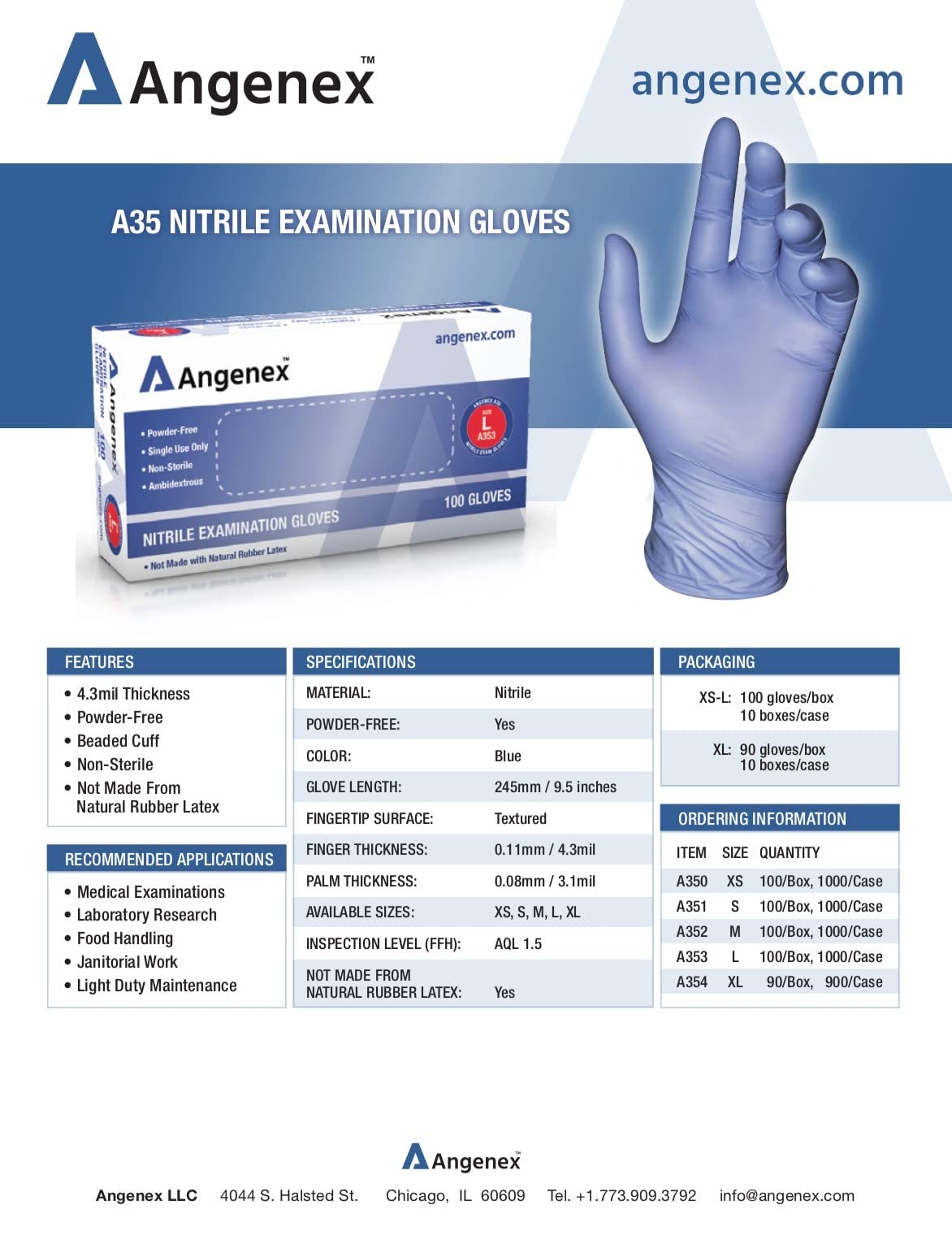 Angenex A35 Blue Nitrile Exam Gloves (100, Large)