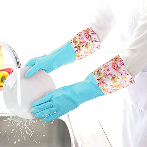 KINGFINGER Dishwashing Cleaning Gloves, 2 Pair Reusable Rubber Gloves PVC Waterproof Long Cuff and Flock Lining Household Cleaning Gloves(Blue + Purple)