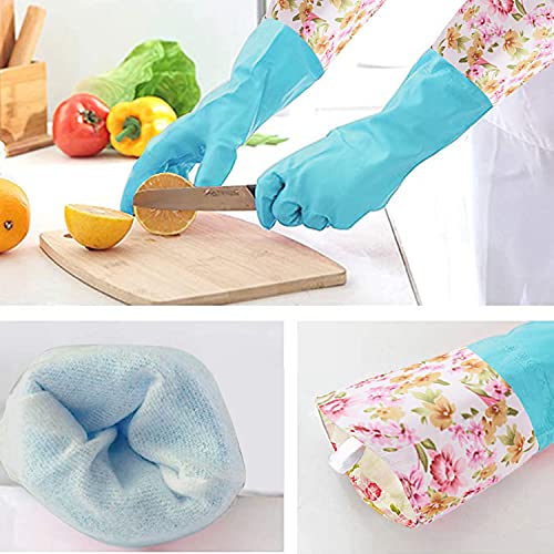 KINGFINGER Dishwashing Cleaning Gloves, 2 Pair Reusable Rubber Gloves PVC Waterproof Long Cuff and Flock Lining Household Cleaning Gloves(Blue + Purple)