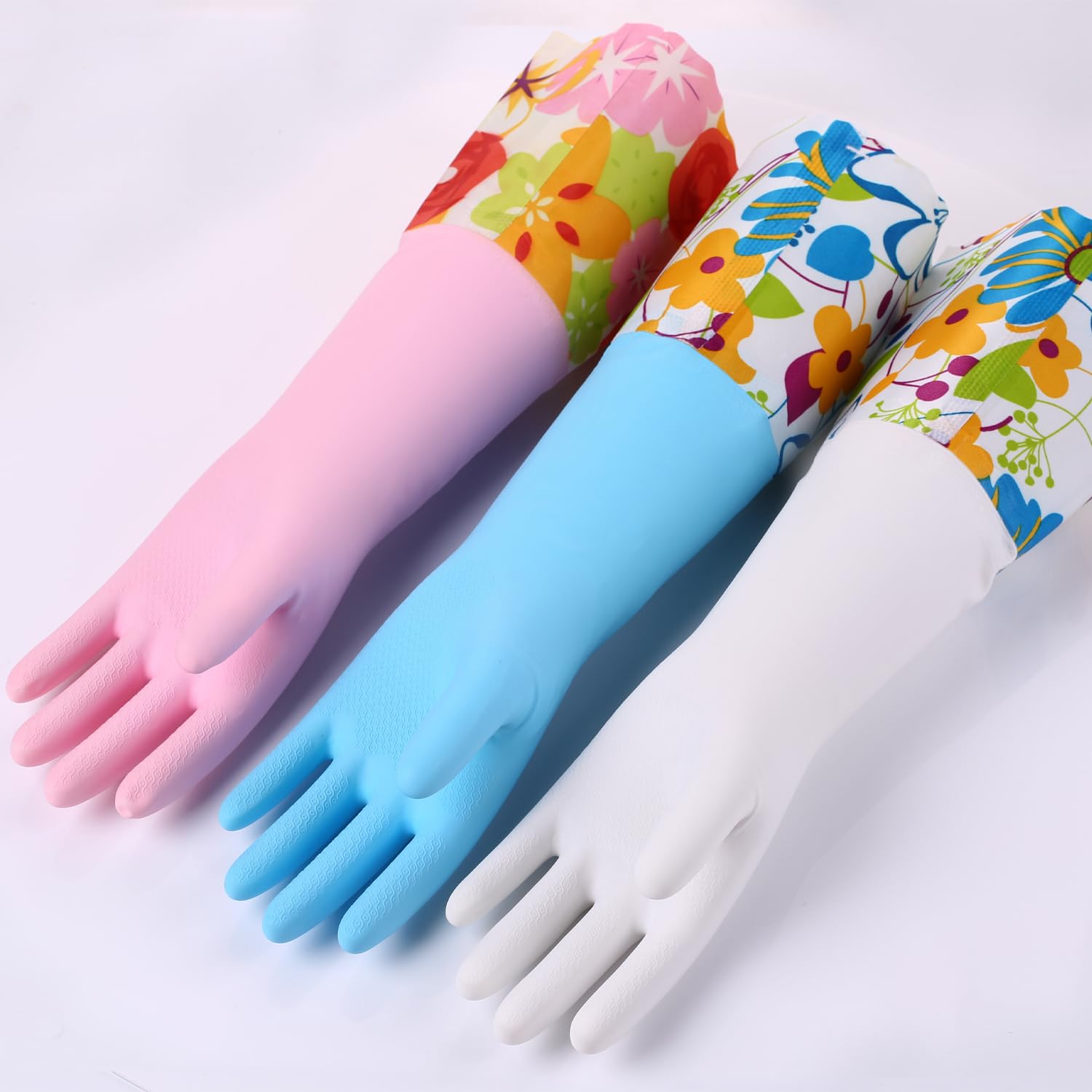 Bamllum 3 Pairs Rubber Cleaning Gloves, Household Kitchen Dishwashing Gloves with Cotton Flocked Liner, Long Cuff 16 Inches, Reusable, Non-Slip (Small, Blue+Pink+White)