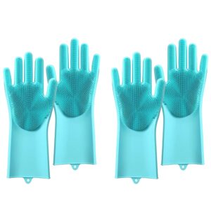 Aconcept 2 pair Dishwashing Cleaning Gloves for Kitchen, Rubber Reusable Scrubber Glove with Marker Pen, Silicone Soft Bristles Gloves for Household Cleaning, Pet Care, Car, Vegetable Washing, Green