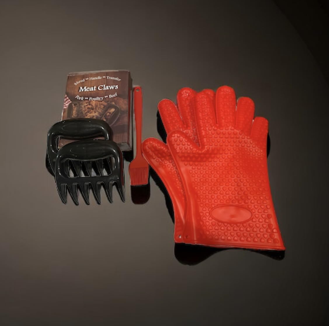 FGS Red Silicon BBQ Gloves/Mitts with Extreme Heat Resistance + Meat Shredder Claws + Silicone Basting Brush