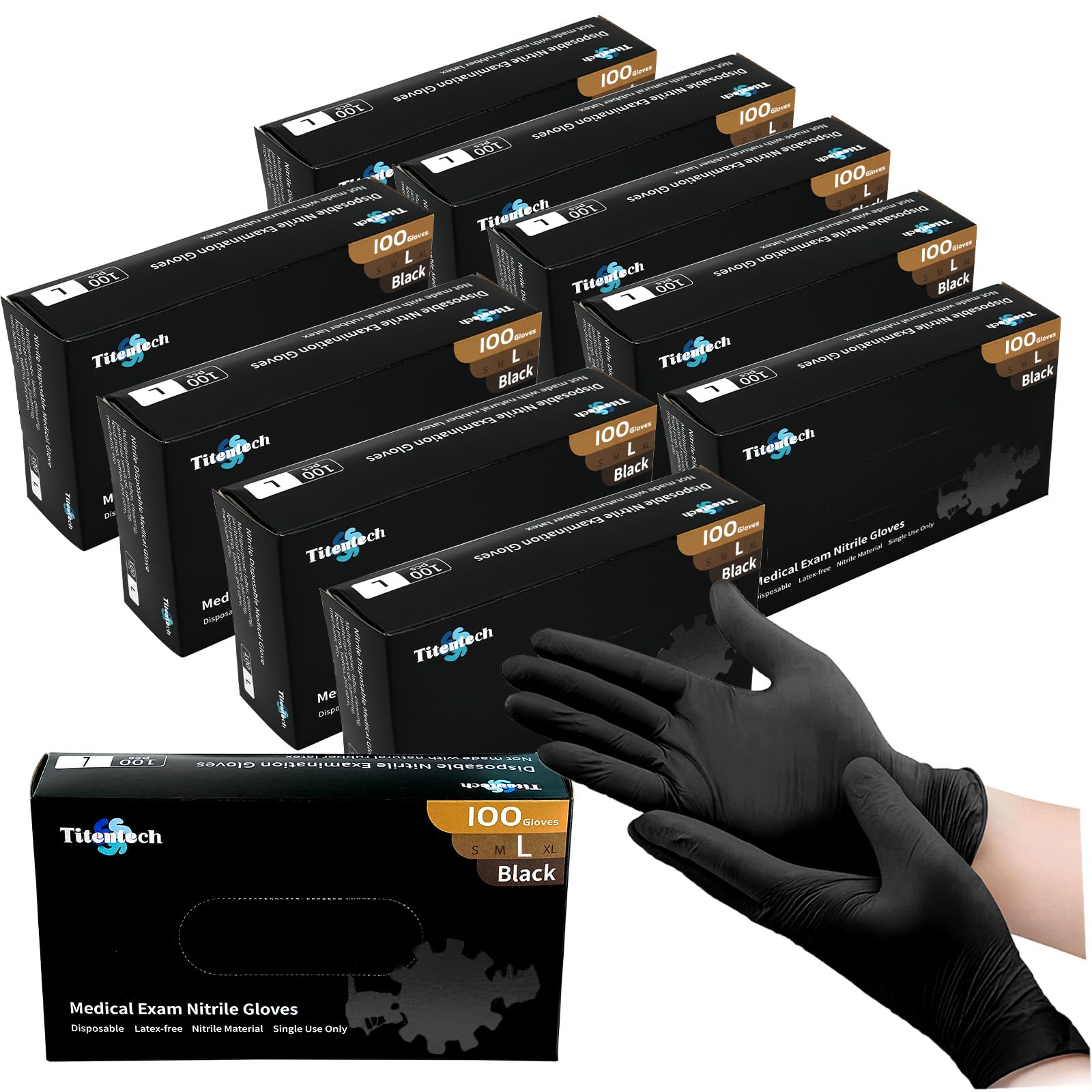 Titentech Black Gloves Disposable Latex Free Medical Examination Nitrile Gloves, 5 Mil Powder Free, Mechanic, Medical, Food, Case of 1000, Large