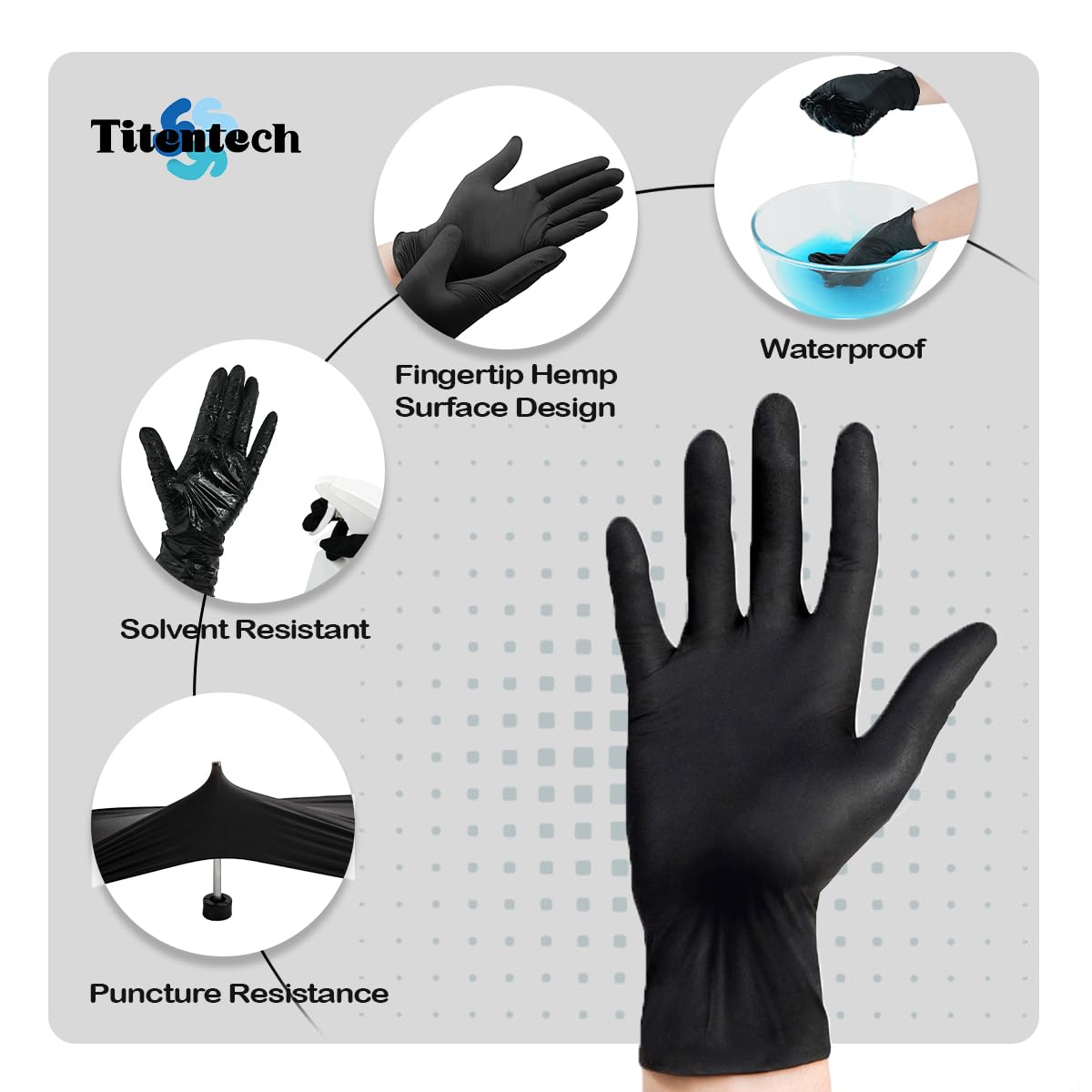 Titentech Black Gloves Disposable Latex Free Medical Examination Nitrile Gloves, 5 Mil Powder Free, Mechanic, Medical, Food, Case of 1000, Large