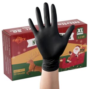 FINITEX Black Nitrile Disposable Latex Free Gloves - 6.2mil 50PCS Powder Free Gloves Christmas Cleaning Medical Exam Food Gloves (X-Large)