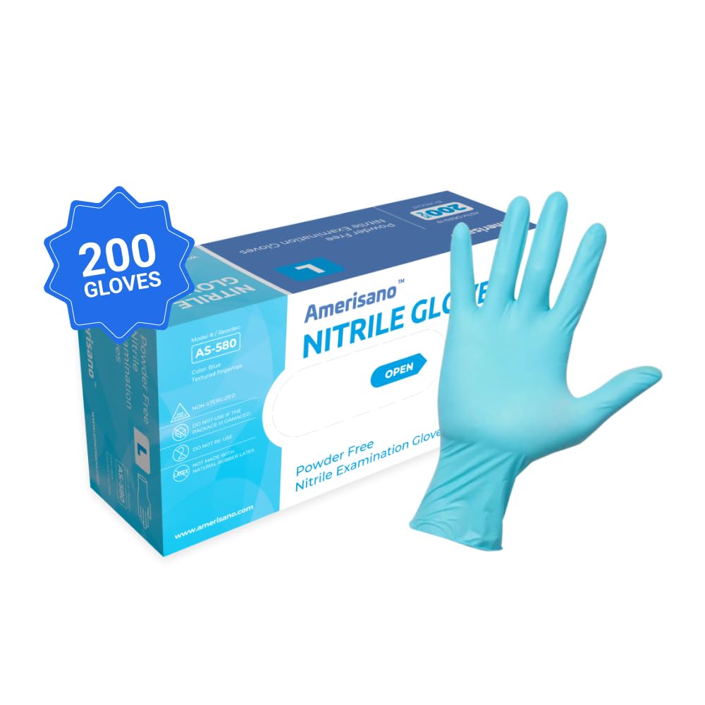 Amerisano 100% Nitrile Exam Gloves | Medical Grade, 510(k), Exceptional tactile sensitivity, Latex & Powder Free, 3 mil, Non-Sterile | Blue (Box of 200, X-Large)